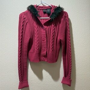 Women's Cable Knit Sweater with Faux Fur Trim Y2K - Pink